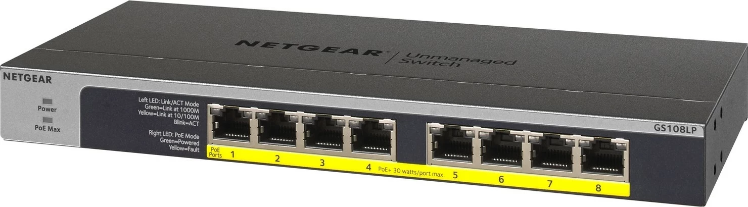 Switch Netgear GS108LP-100EUS, 8 porte LAN, PoE