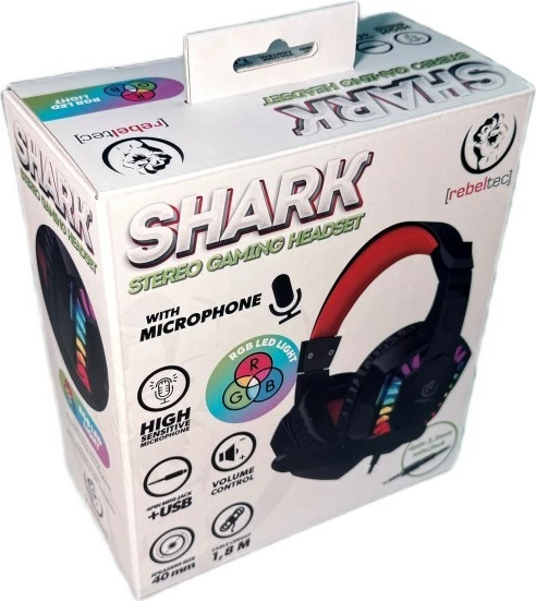 Kufje gaming Rebeltec SHARK, stereo 40mm, me mikrofon, RGB, 1.8m, USB-A + 3.5mm (4-pin), zi/kuqe