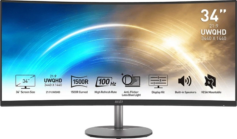 Monitor MSI PRO MP341CQ 34 inç, VA, UWQHD 3440x1440, 100Hz, 1500R i lakuar, altoparlantë të integruar, VESA 100x100, e zezë