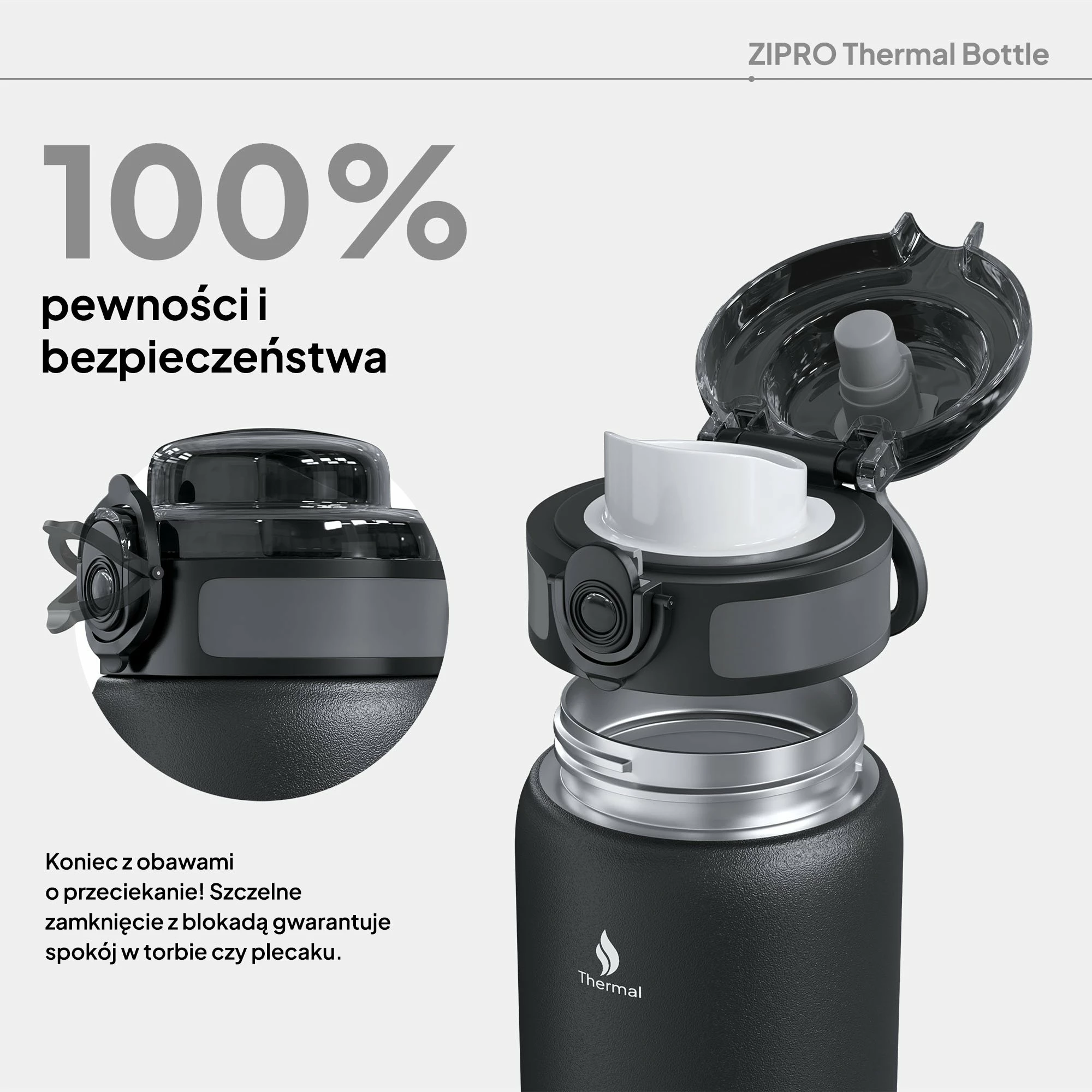 Shishe termike Zipro ZIPRO, 1000 ml, çelik inox 18/8, pa BPA, kundër-rrjedhjes, e zezë