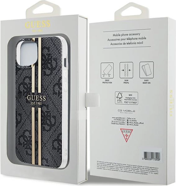 Mbështjellës Guess IML 4G Gold Stripe për iPhone 15 Plus / 14 Plus, i zi