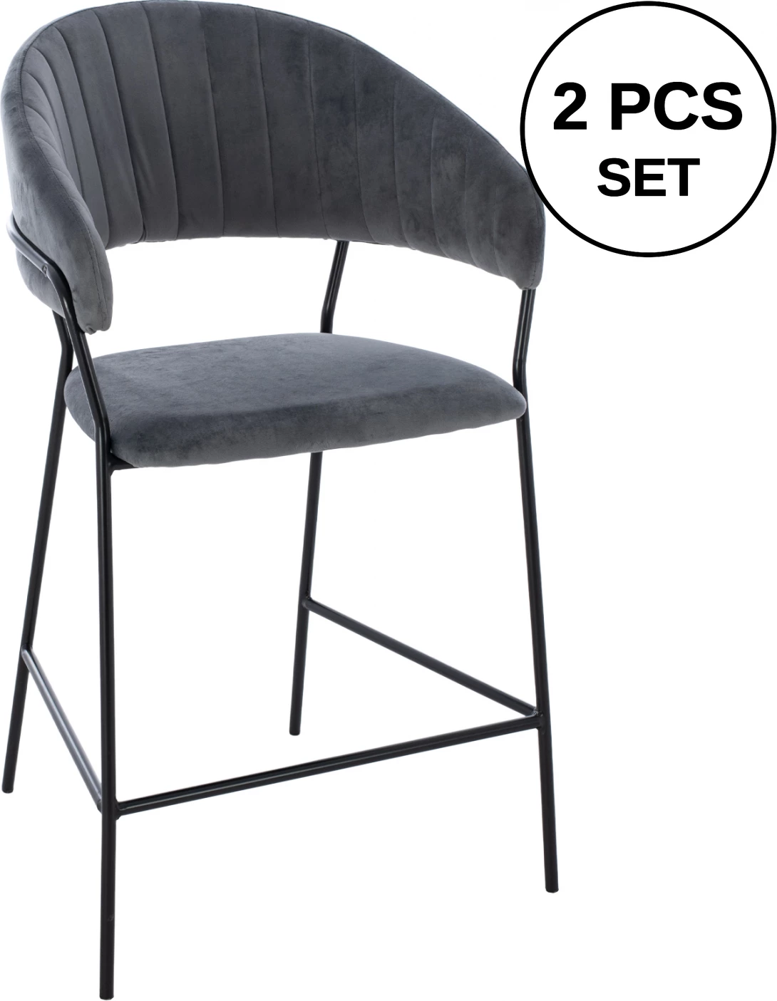 Karrige për bar, lartësi mesatare, ΗΜ8734.01, kadife gri me kornizë të zezë, 60x55x100 cm, set prej 2 copë