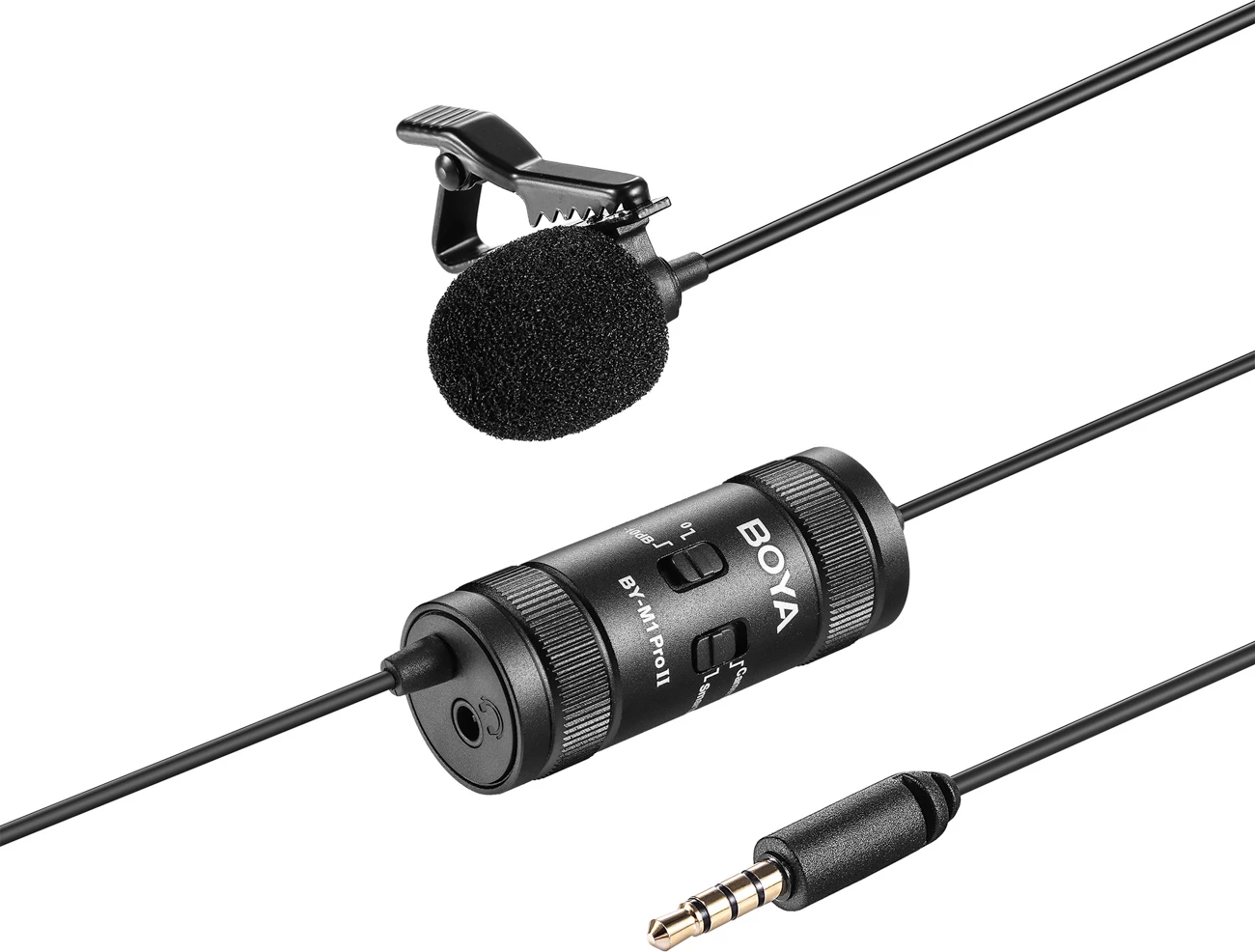 Mikrofon lavalier i lidhur BOYA BY-M1 Pro II, 3.5mm TRRS, kabllo 6 m, me monitorim, i zi, set me klip dhe mbrojtës ere