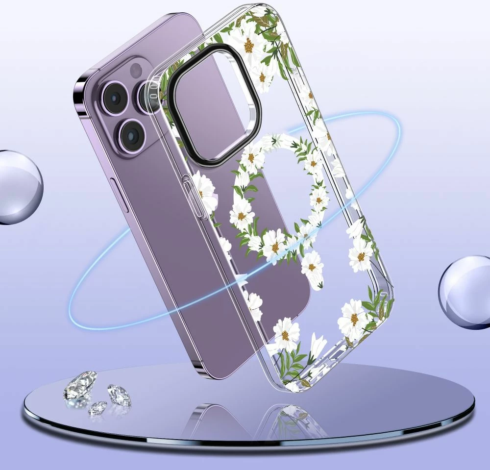 Mbështjellës Tech-Protect MagMood MagSafe për iPhone 15 Pro Max, lule me gjethe, i bardhë/transparente