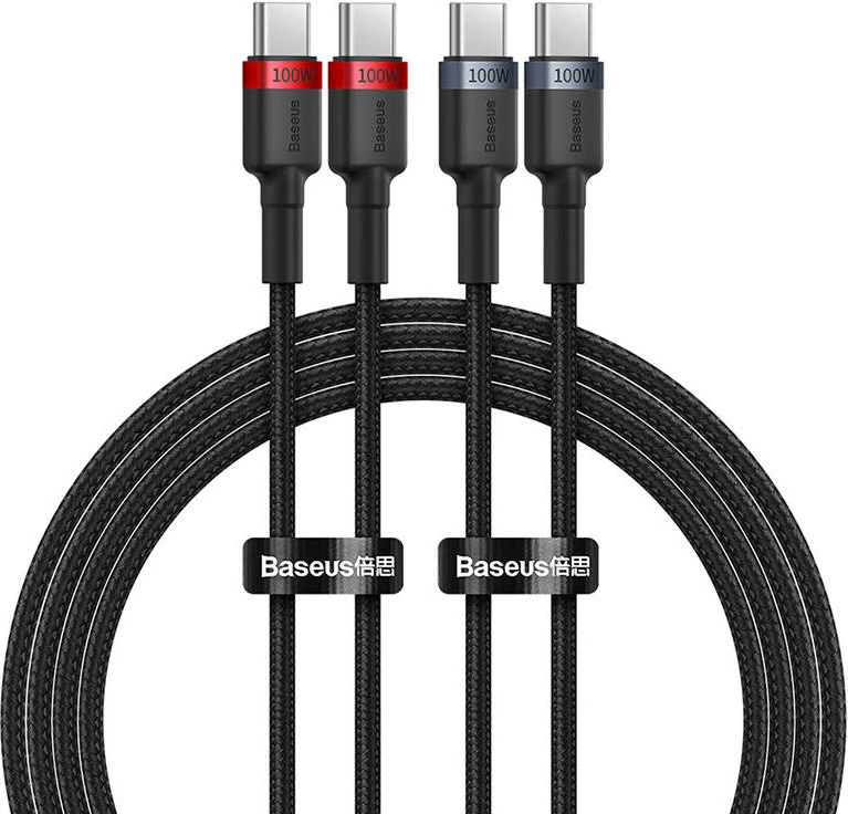 Kabllo USB-C në USB-C Baseus Cafule, 2m, 100W, set prej 2 copë, kuqe-e zezë dhe gri-e zezë