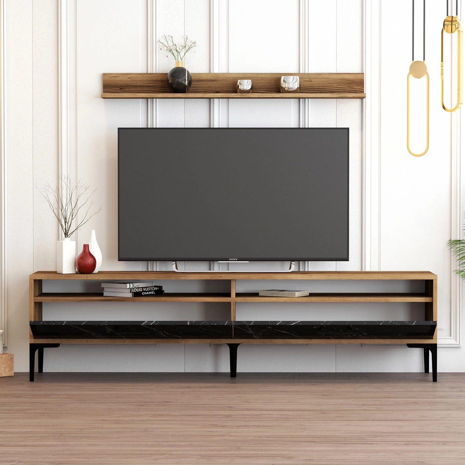 Komodë TV Hanah Home, Istanbul, ngjyrë arre dhe mermer i zi