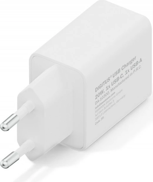 Karikues murale USB 20W, Digitus DA-10300, 1x USB-C + 1x USB-A, i bardhë