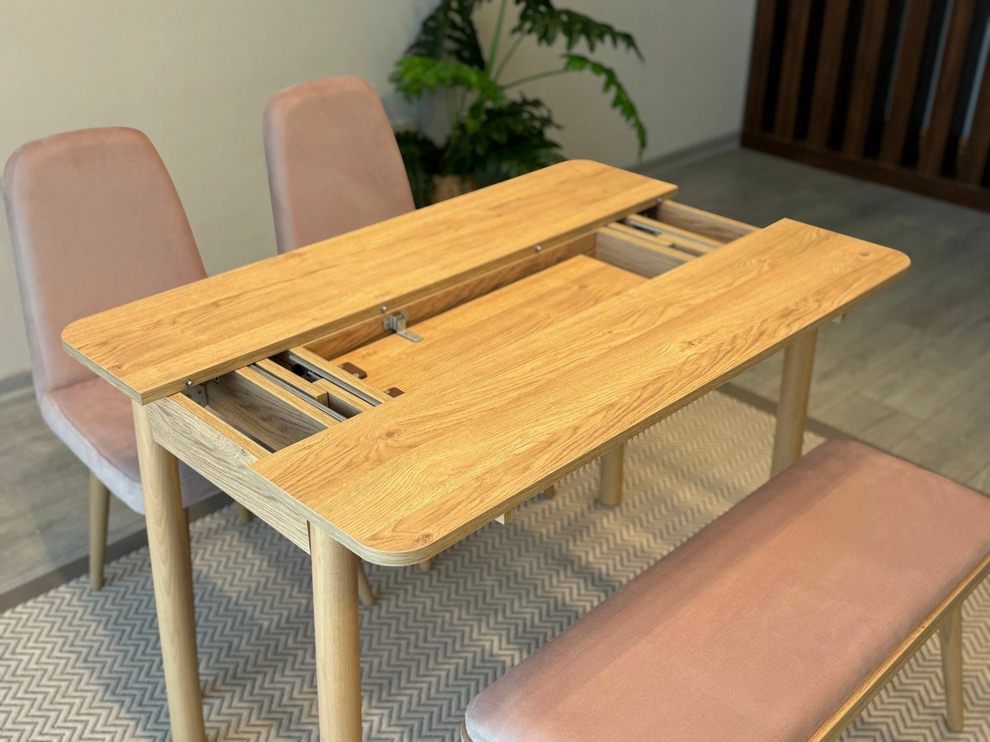 Set tavoline me karrige, zgjatues, 4 pjesë, Skye Decor, Vina Mini 01 0900, ngjyrë lis dhe gur