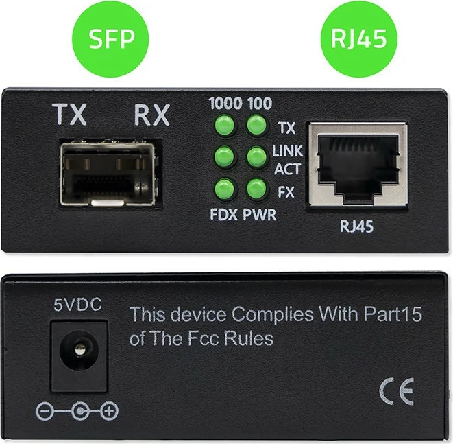 Konvertues media Qoltec 52295, 1x RJ45, 1x SFP, 1000Mb/s, i zi