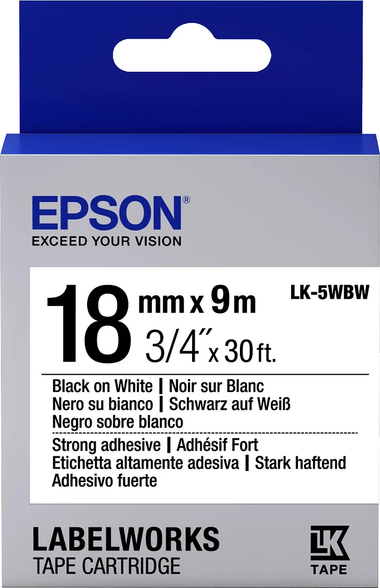 Kasetë shirit etiketash Epson LabelWorks LK-5WBW, 18 mm x 9 m, ngjitje e fortë, e zezë në të bardhë