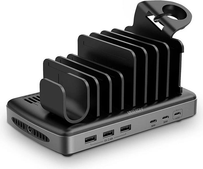 Stacion karikimi USB LINDY 6-Port 160W, 3x USB-C PD + 3x USB-A, zi/gri
