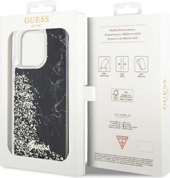 Mbështjellës Guess Liquid Glitter Marble për iPhone 14 Pro Max 6.7", i zi