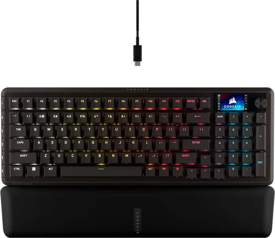 Tastierë gaming Corsair VANGUARD PRO 96-MGX, RGB, USB-A me kabllo, layout US QWERTY, me ekran LCD, e zezë, me mbështetëse dore magnetike