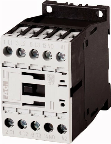 Kontaktor Eaton DILM12-10 276838, bobinë 230V 50/60Hz, 3-pol + 1 kontakt ndihmës, 5.5kW AC-3, IP20, bardhë/zi