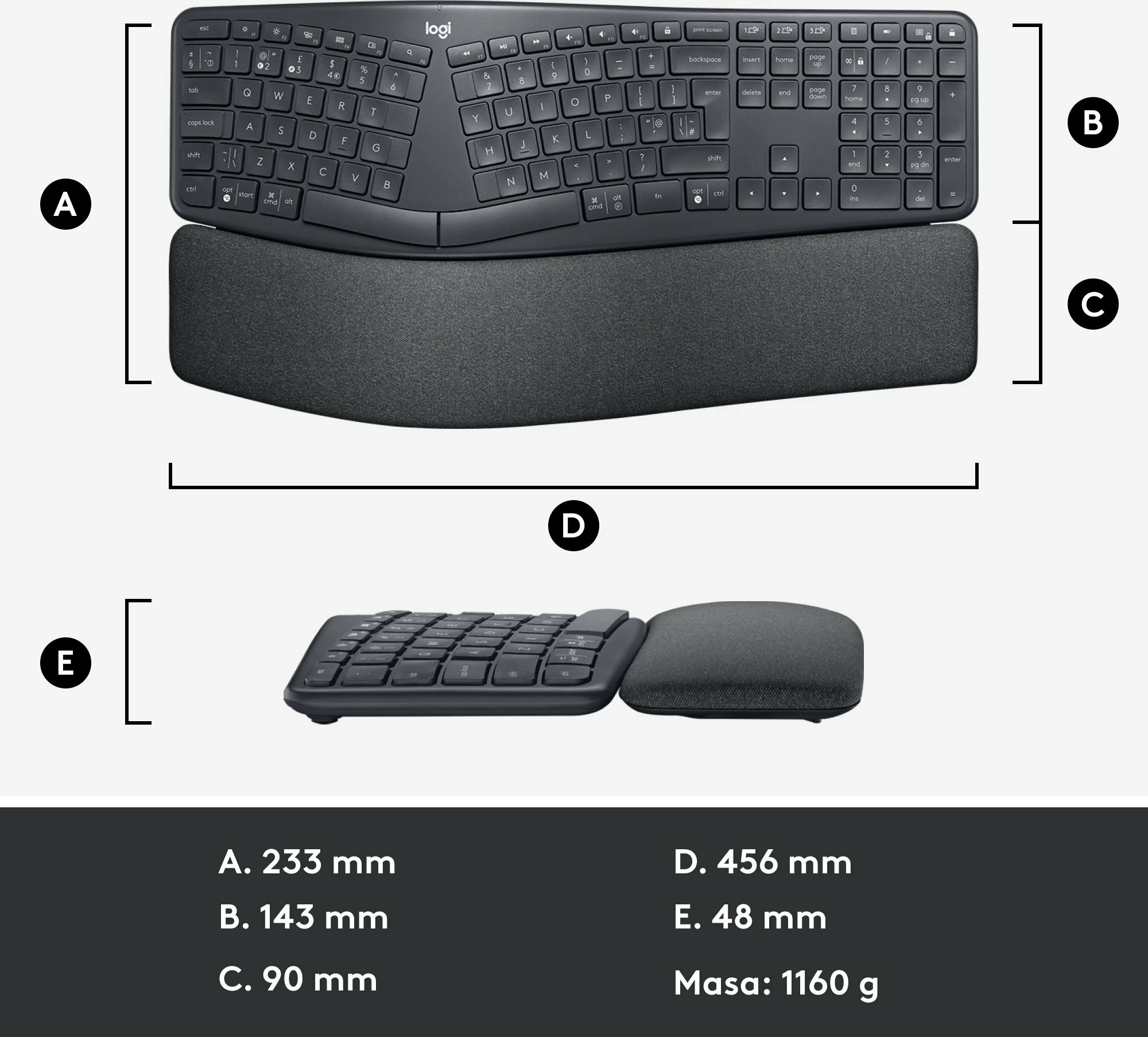 Tastierë ergonomike Logitech ERGO K860 (920-010108), wireless, US INTL, me numpad, Graphite