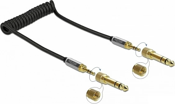 Kabllo audio stereo DeLOCK 85836, 3.5mm në 3.5mm, 1 m, e mbështjellë, me adapter 6.35mm, e zezë