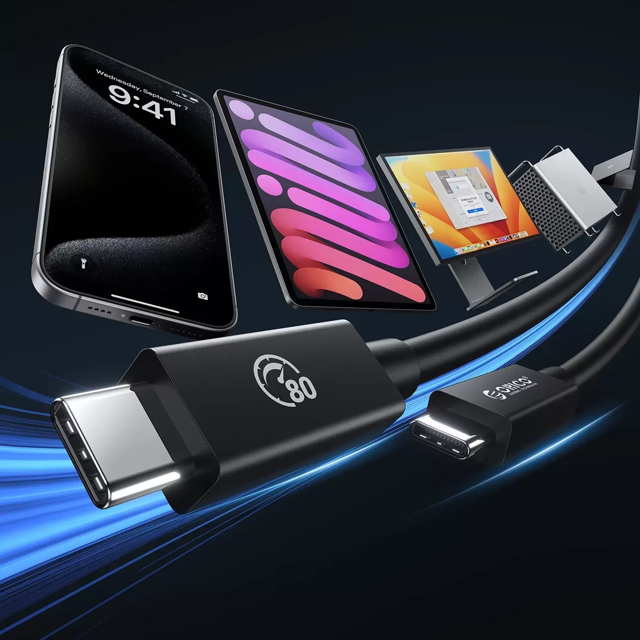 Kabllo USB-C në USB-C, Orico TBZ5-20-BK, Thunderbolt 5/USB4 80Gbps, PD 240W, 2m, DisplayPort 2.1, e zezë