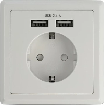 Prizë muri DeLOCK 11471, Schuko CEE 7/3 me 2x USB-A 2.4A, mbrojtje nga mbitensioni, e bardhë