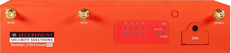 Firewall/UTM Securepoint RC100 G5, 25 përdorues, Wi‑Fi, SSD, 4x Gigabit, SIM, e kuqe