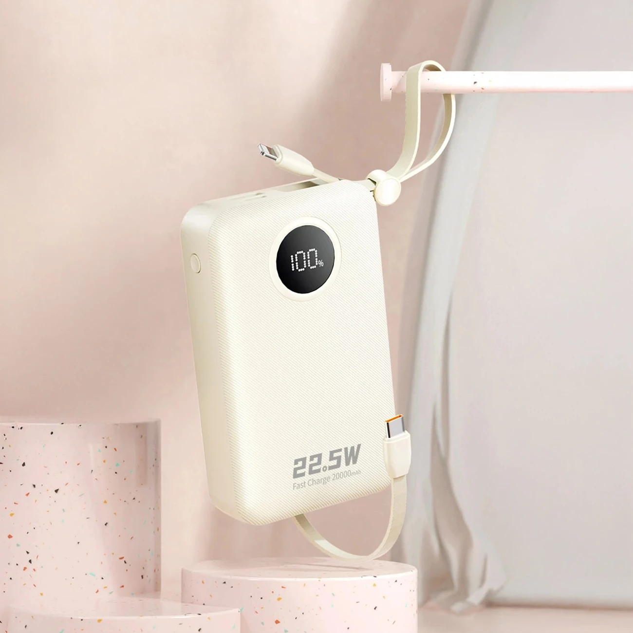 Powerbank, Dudao K14+, 20000 mAh, 22.5W, USB-C/USB-A, kabllo të integruara Lightning dhe USB-C, e bardhë