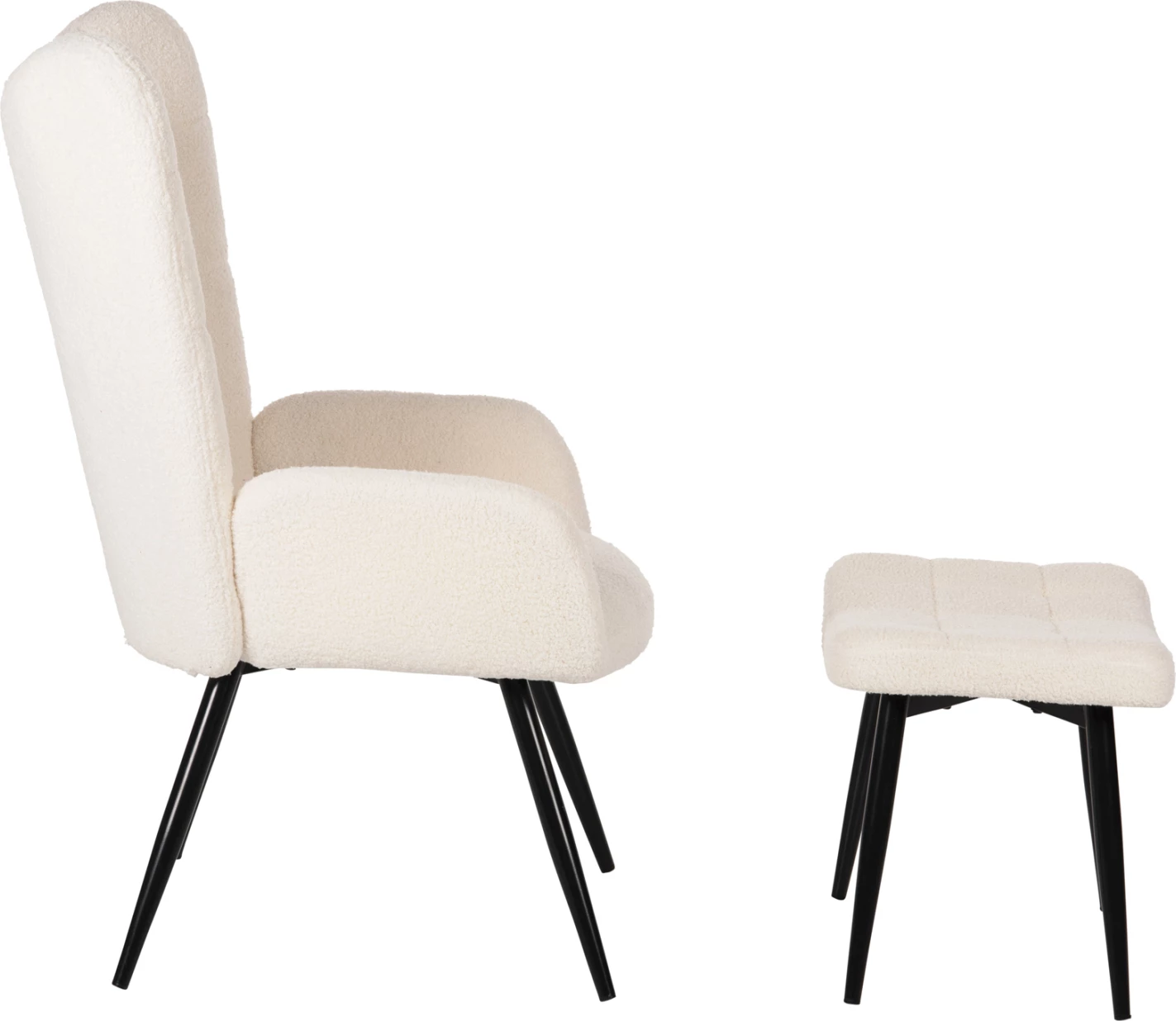 Fotel CRAWLEY me tabure, stof boucle i bardhë, këmbë metalike të zeza, FH8918.25, 70x74x105cm