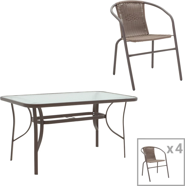 Tavolinë me karrige Ensure-Obbi, 5 copë, metal, ngjyrë kafe, 140x80x70cm