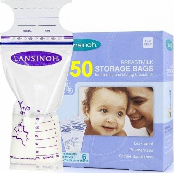 Qese ruajtjeje qumështi gjiri Lansinoh Milk Storage Bags 180 ml, vjollcë pastel, paketim 50 copë