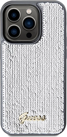 Mbështjellës Guess Sequin Script Metal për iPhone 14 Pro, argjend