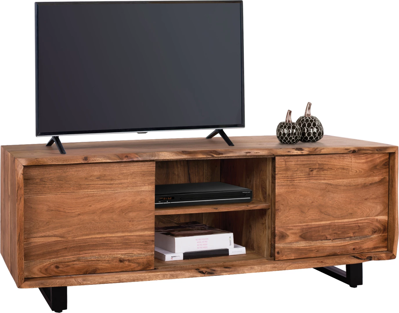 Komodë TV Nicole, dru akacie masiv, ngjyrë natyrale, këmbë metalike të zeza, 160x45x57