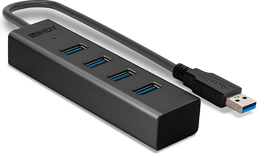 USB Hub 4-Port LINDY USB 3.0/USB 3.2 Gen 1 Type-A, 5 Gbps, kabllo 0.3 m, i zi