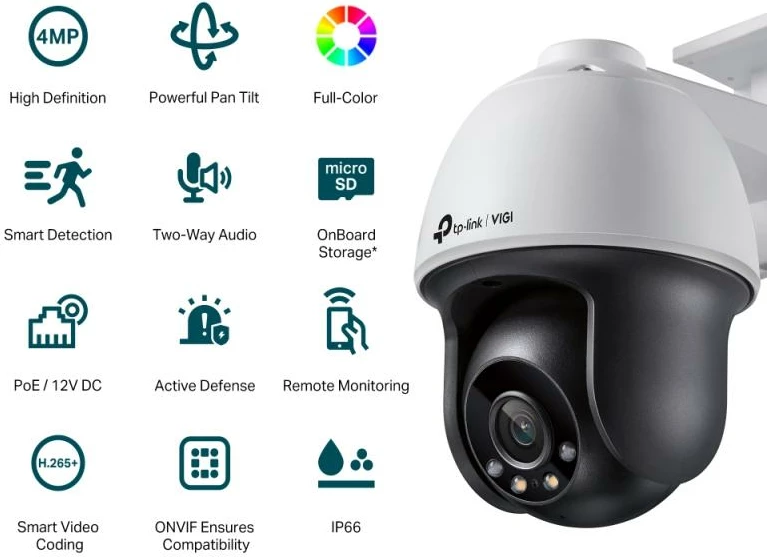 Kamerë IP rrotulluese, TP-Link VIGI C540 4MP full-color 4mm PoE outdoor, bardhë/zezë