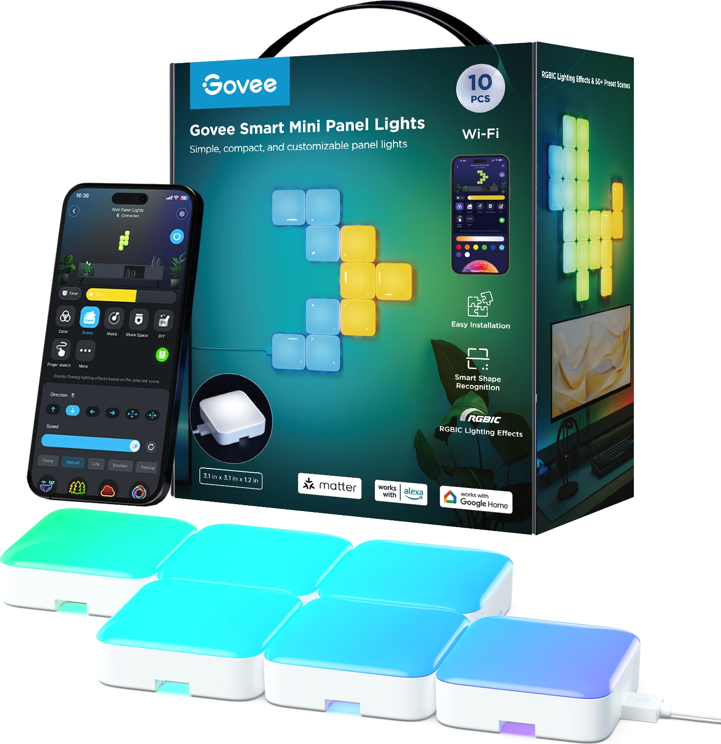 Panel dritash LED smart Govee Mini Panel Lights, RGBIC, Wi‑Fi, Matter, 10 copë