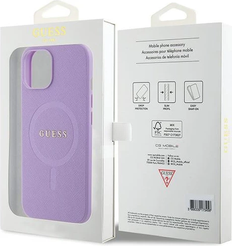 Mbështjellës Guess GUHMP15SPSAHMCU për iPhone 15 6.1", Saffiano MagSafe, vjollcë