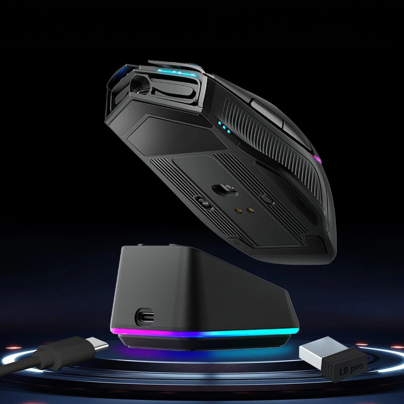 Maus gaming wireless Machenike L8 Pro 26000 DPI tri-mode (USB/2.4GHz/Bluetooth), me dock magnetik RGB, i zi