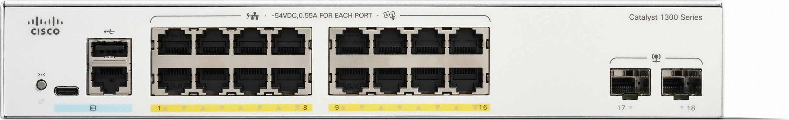 Switch Cisco Catalyst 1300-16FP-2G, 16 porta GE, PoE, 2x1GE SFP, i bardhë
