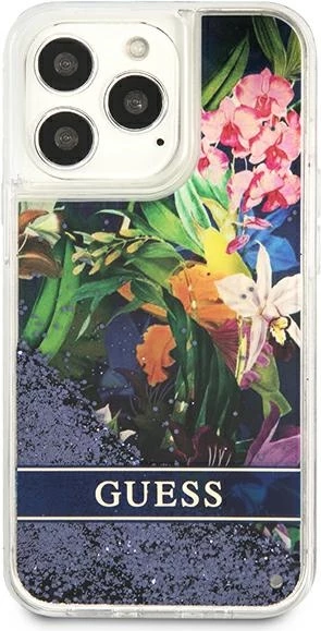 Mbështjellës Guess Flower Liquid Glitter për iPhone 13 Pro Max, Blu