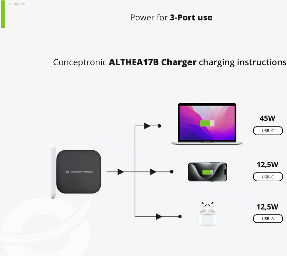 Karikues USB-C Conceptronic 67W GaN, 3 porta (2x USB-C PD, 1x USB-A QC), kabllo USB-C 1.5m, i zi