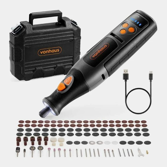 Vegël rrotulluese me bateri VONHAUS 3500392, 8V 2.5Ah, 5,000–25,000 RPM, me kasë dhe set aksesorësh, zi/portokalli