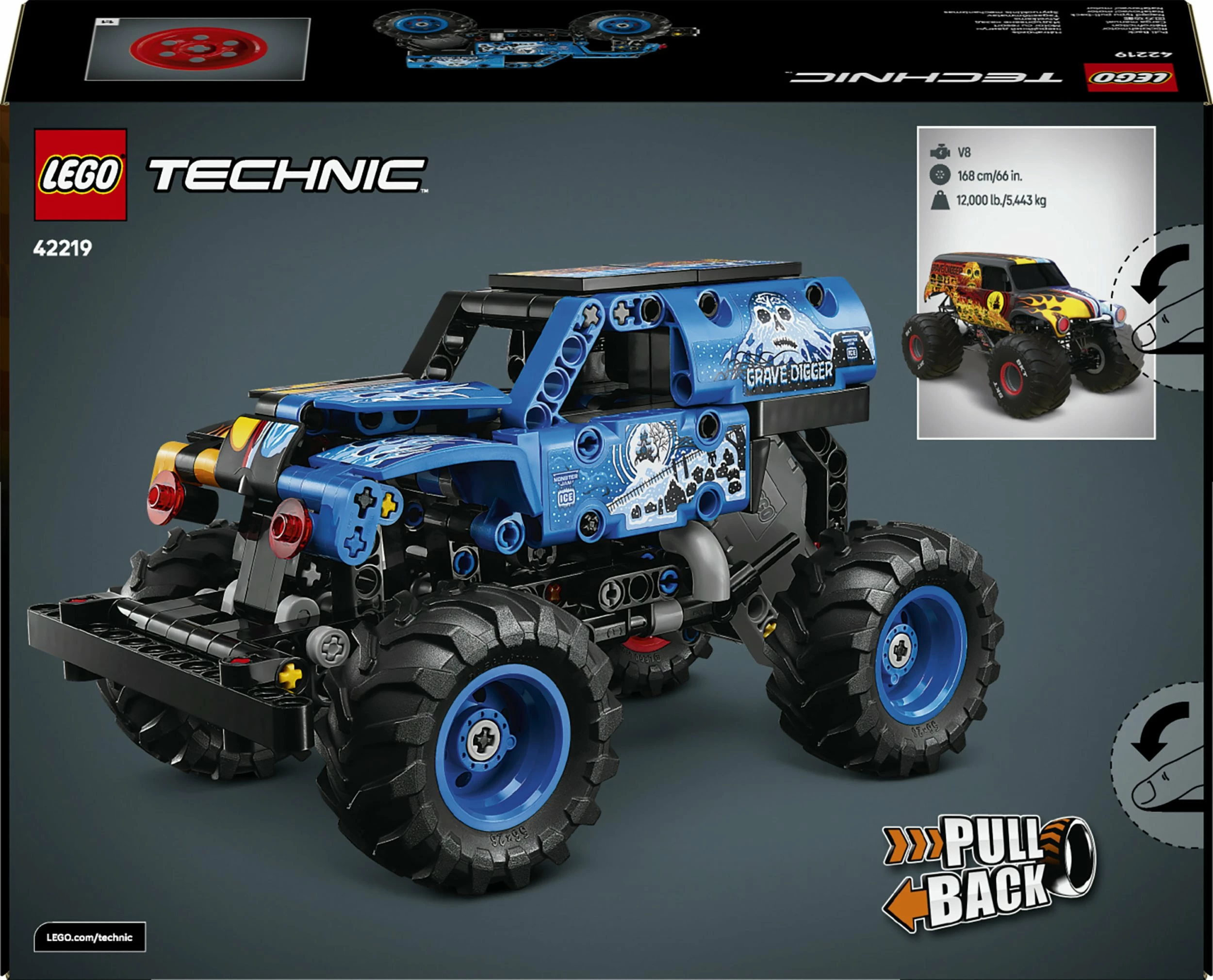 Set ndërtimi LEGO Technic Monster Jam Grave Digger Fire and Ice 42219, 263 copë, pull-back