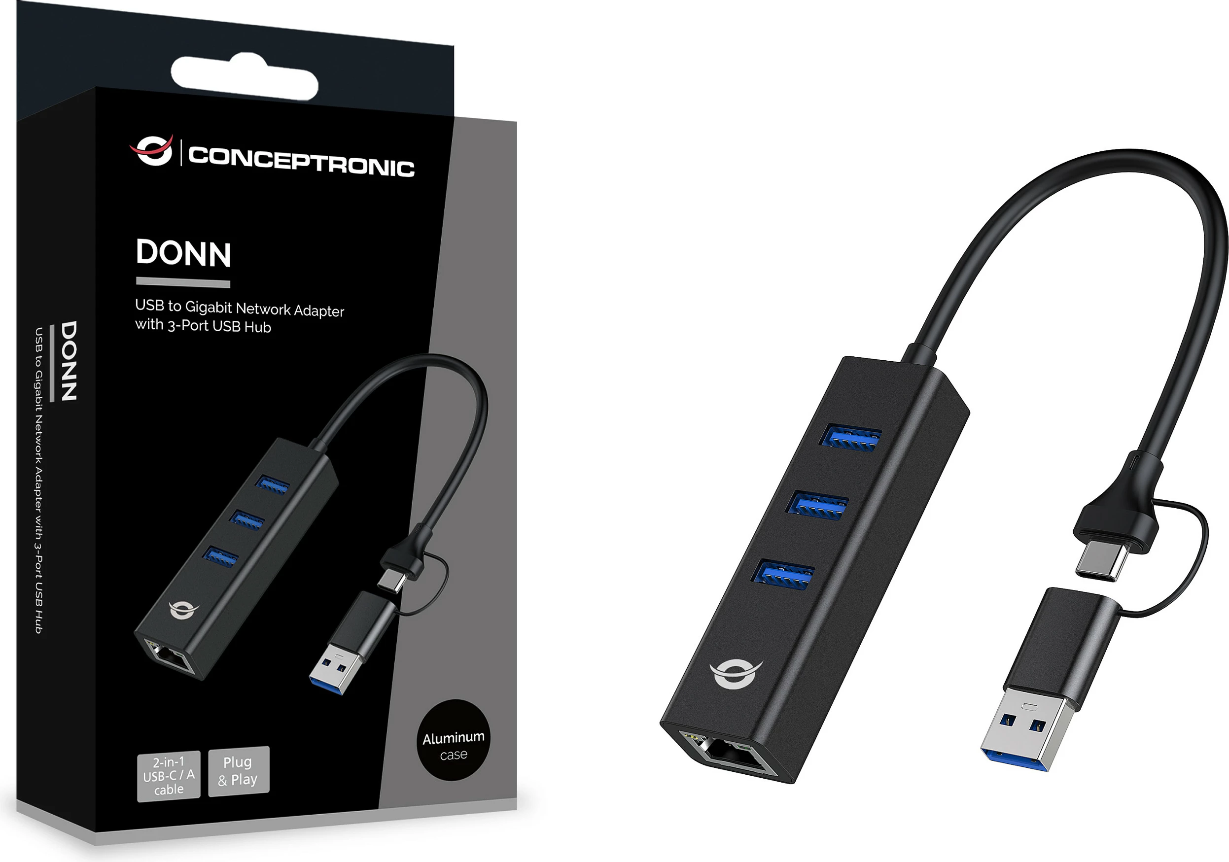 Adapter rrjeti USB Conceptronic DONN07BA, Gigabit Ethernet + USB Hub 3x USB-A, USB-C/USB-A, i zi