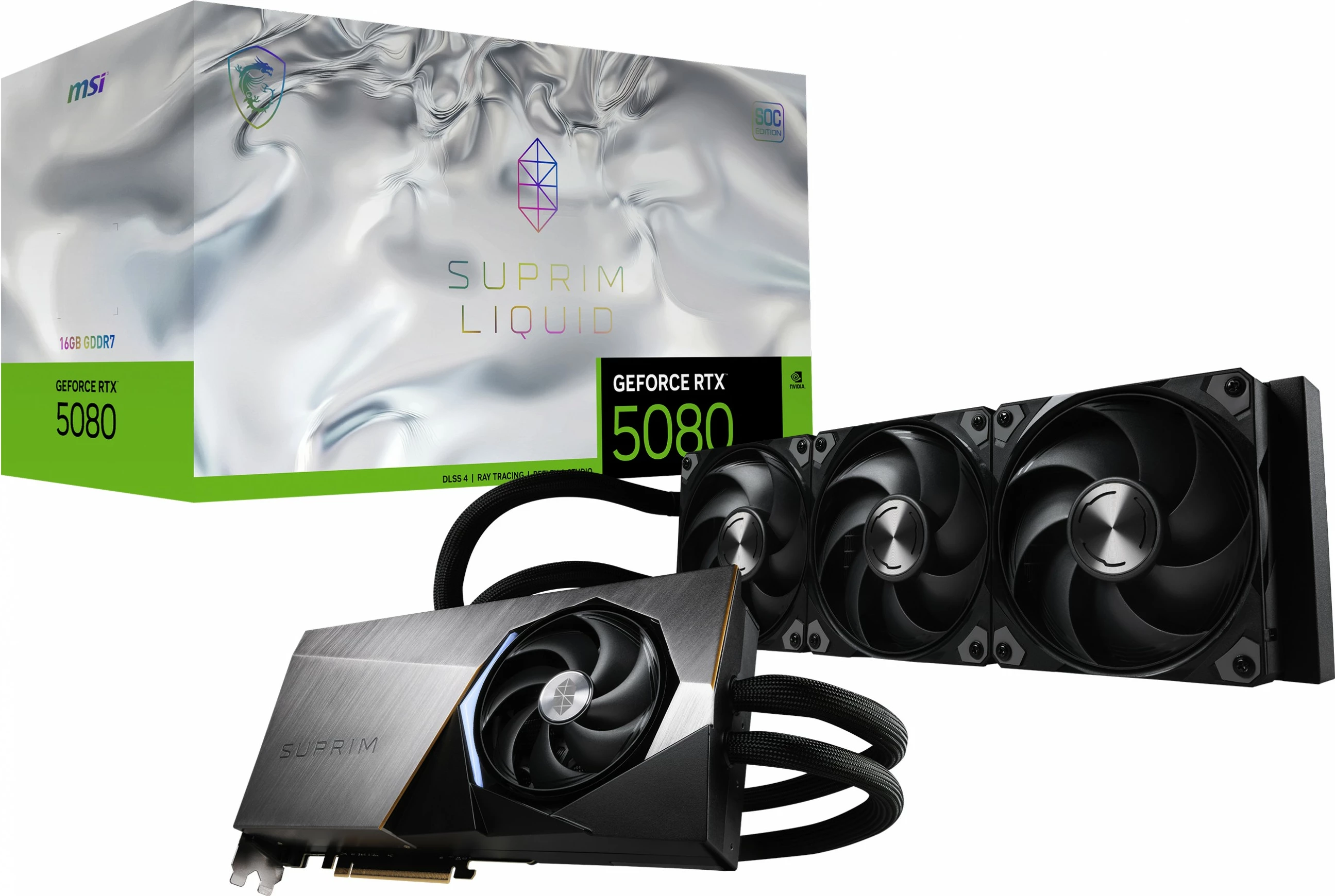 Kartelë grafike MSI RTX 5080 Suprim Liquid SOC 16GB GDDR7 e zezë
