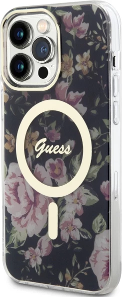 Mbështjellës Guess GUHMP14XHCFWSK për iPhone 14 Pro Max 6.7", MagSafe, lule, zi