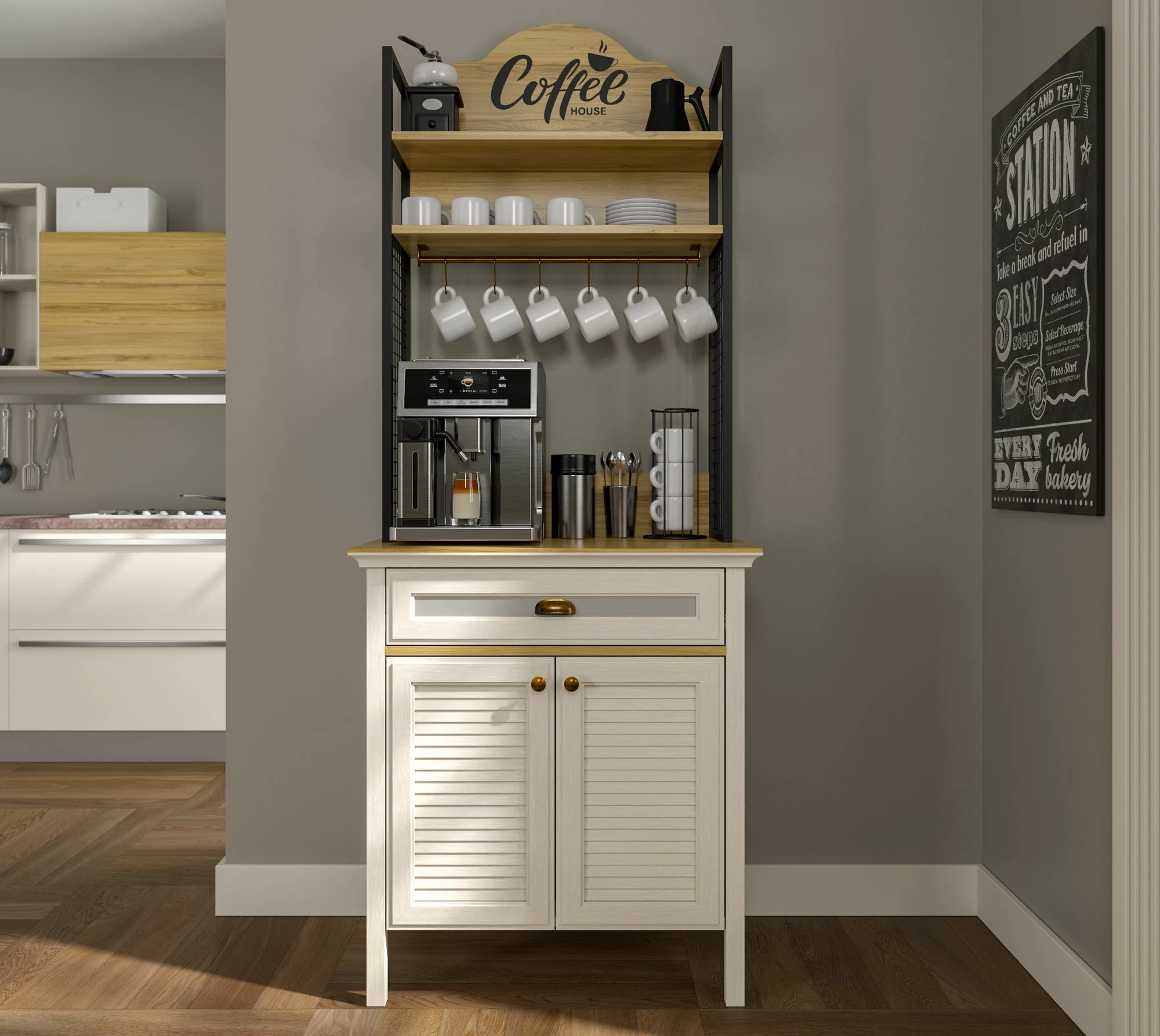 Dollap për kafe, ngjyrë krem, lisi, e zezë, Skye Decor, FRN-21028