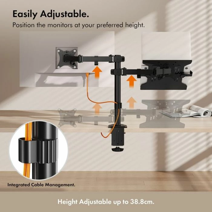 Mbajtëse dyfishe monitori dhe laptopi VONHAUS 3000114, për 2 monitorë 13-32\", montim me kapëse ose bazë, çelik, e zezë