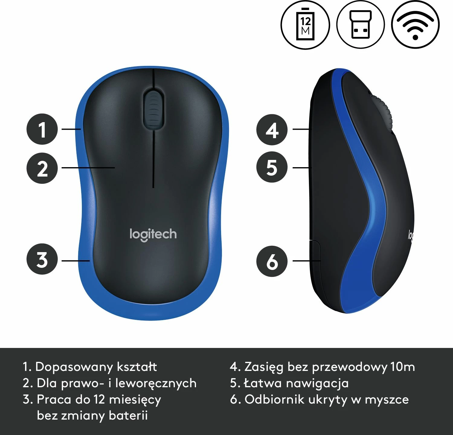 Maus Logitech M185 910-002239, wireless 1000 DPI, USB receiver, 3 butona, zi/kaltër