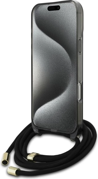 Mbështjellës Guess Crossbody Cord Script MagSafe për iPhone 16 Pro, i zi