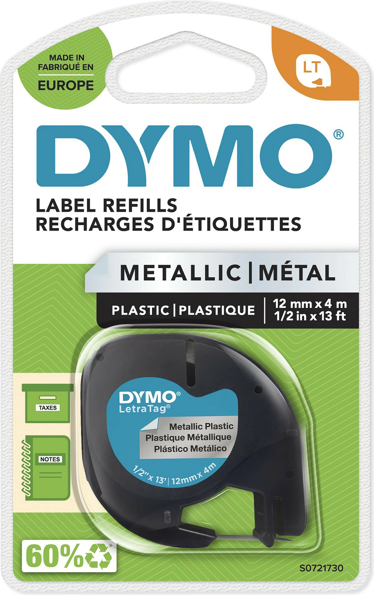 Shirit etiketash Dymo LetraTag Metallic 12 mm x 4 m, zi mbi metalik argjendtë