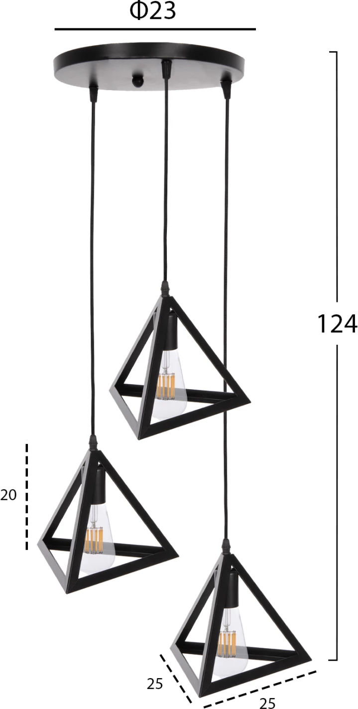 Llambë varëse tavani FH4182 3 kapakë metalikë të zinj piramidë Φ23x124Hcm