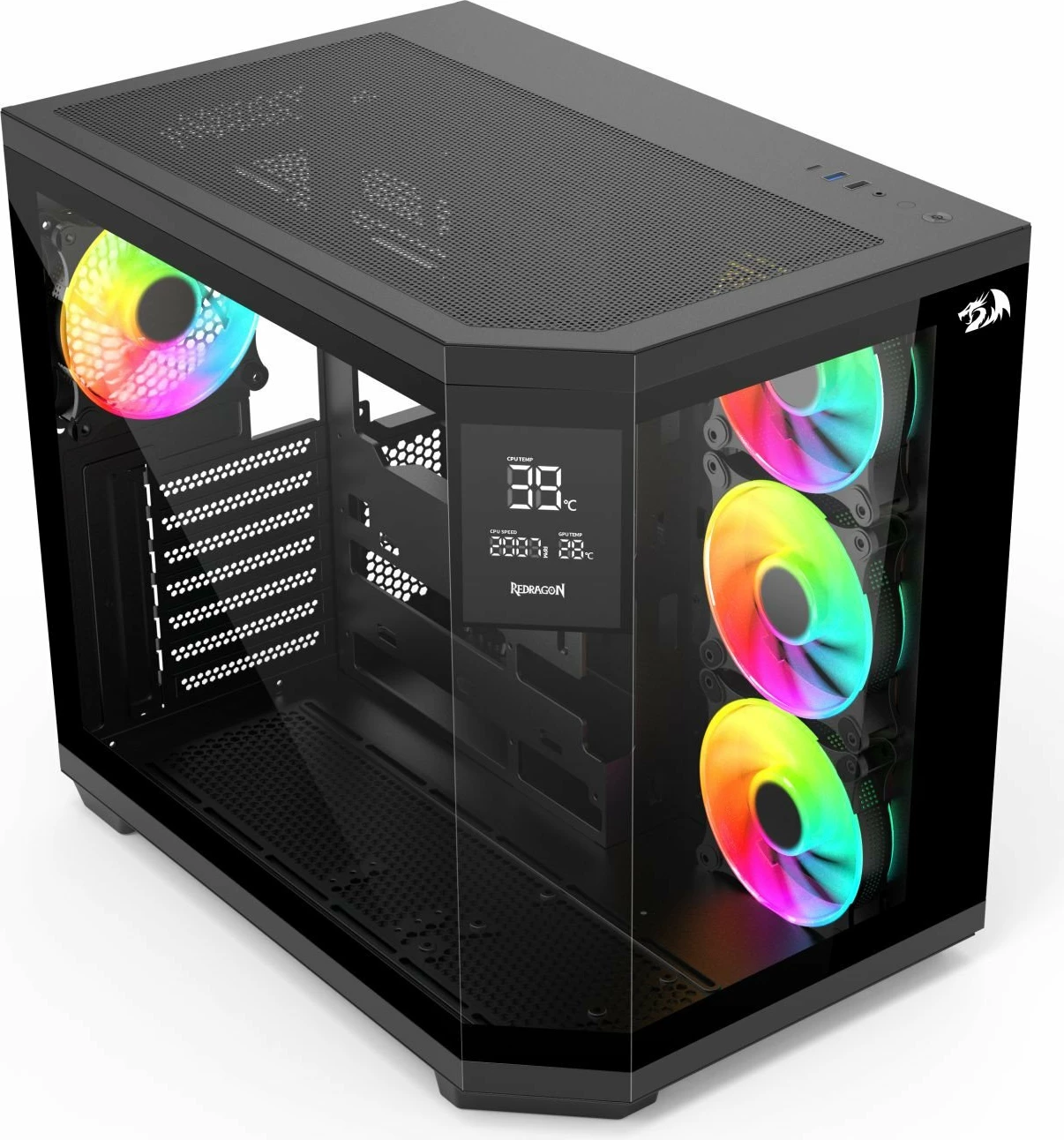 Kasë Redragon GC-625-PRO Vision ARGB, Midi Tower ATX/µATX/ITX, LCD ekran, 4 ventilatorë ARGB, pa PSU, e zezë