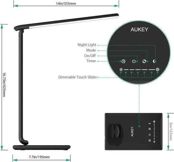 Lampë tavoline LED, AUKEY LT-T10, 12W, 3000-6500K, 7 nivele ndriçimi, 5 moda, port USB, e zezë